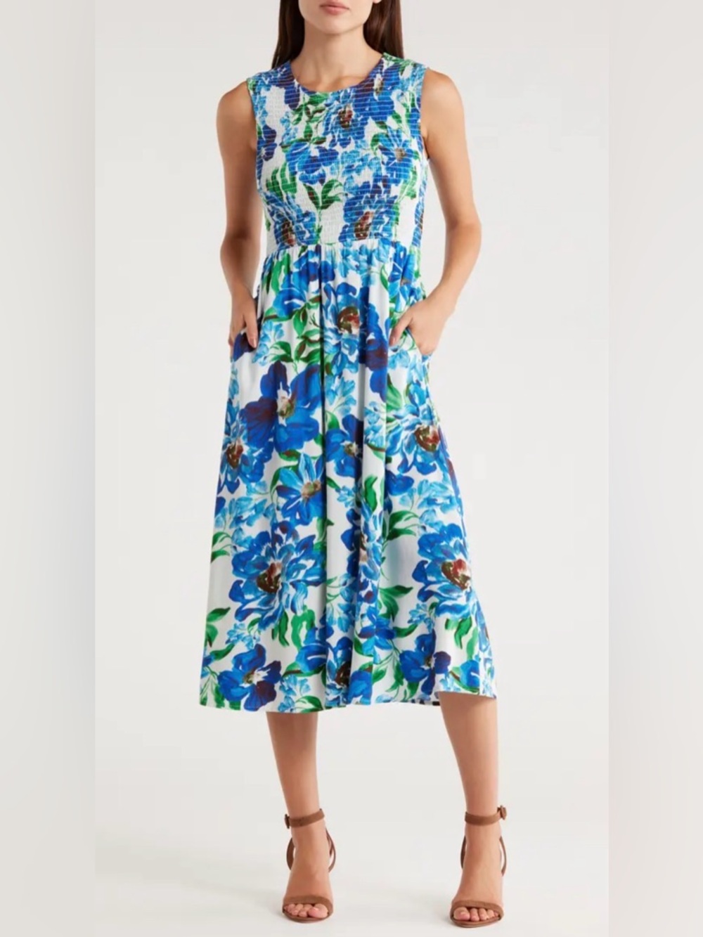 Calvin Klein Blue Floral Smocked Sleeveless Fit & Flare Midi Dress Size Small